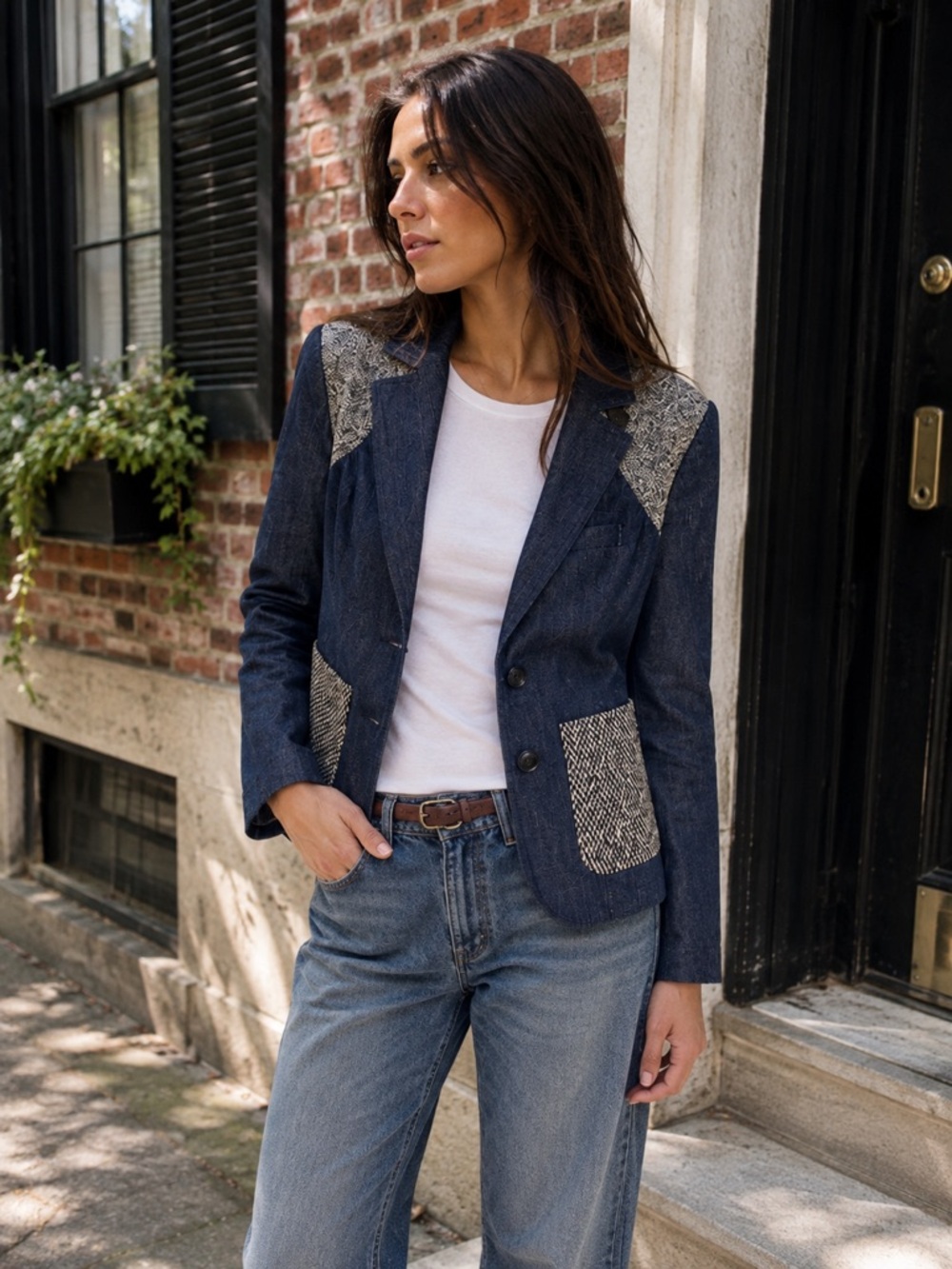 Elizabeth and James Denim Y2K Patchwork Lambswool Women’s 2 Button Blazer Sz 4